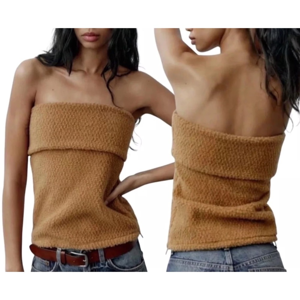 Zara Camel Faux Shearling Fleece Strapless Tube Top Side Zip Brown Medium